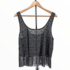 Hollister Grey Sheer Fringe Hem Boho Tank Top NWT